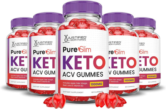 Pure Slim Keto ACV Gummies (5 Pack) - Advanced Formula 1000MG with Pomegranate Beet Juice Powder, B12 - Vegan Non GMO - 300 Gummies