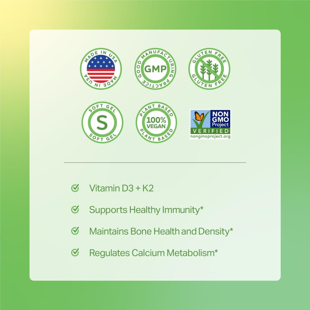 Pure Synergy D3 + K2 Softgels with Organic Coconut Oil for Bone and Circulatory Health - Made in USA - Non-GMO - 60 Capsules