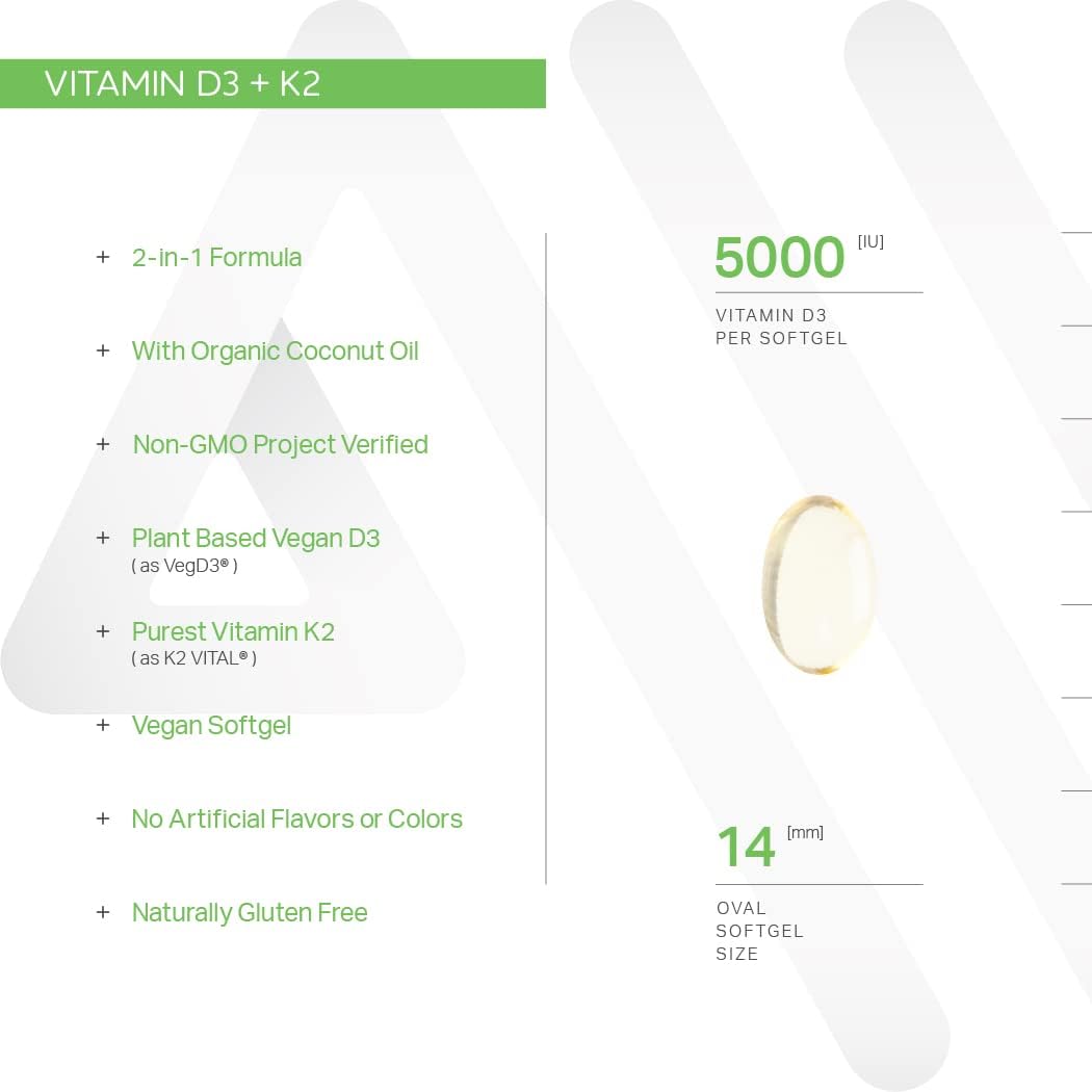 Pure Synergy D3 + K2 Softgels with Organic Coconut Oil for Bone and Circulatory Health - Made in USA - Non-GMO - 60 Capsules