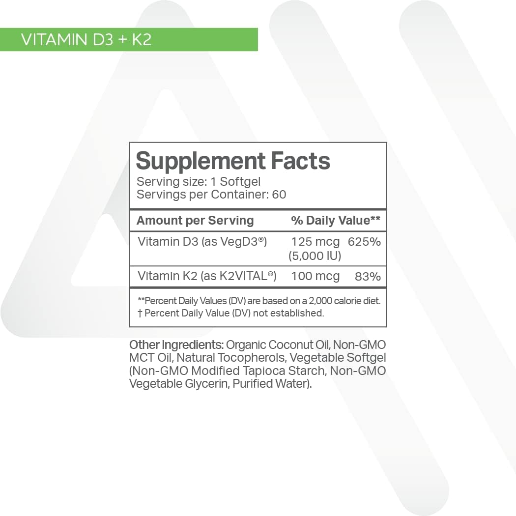 Pure Synergy D3 + K2 Softgels with Organic Coconut Oil for Bone and Circulatory Health - Made in USA - Non-GMO - 60 Capsules