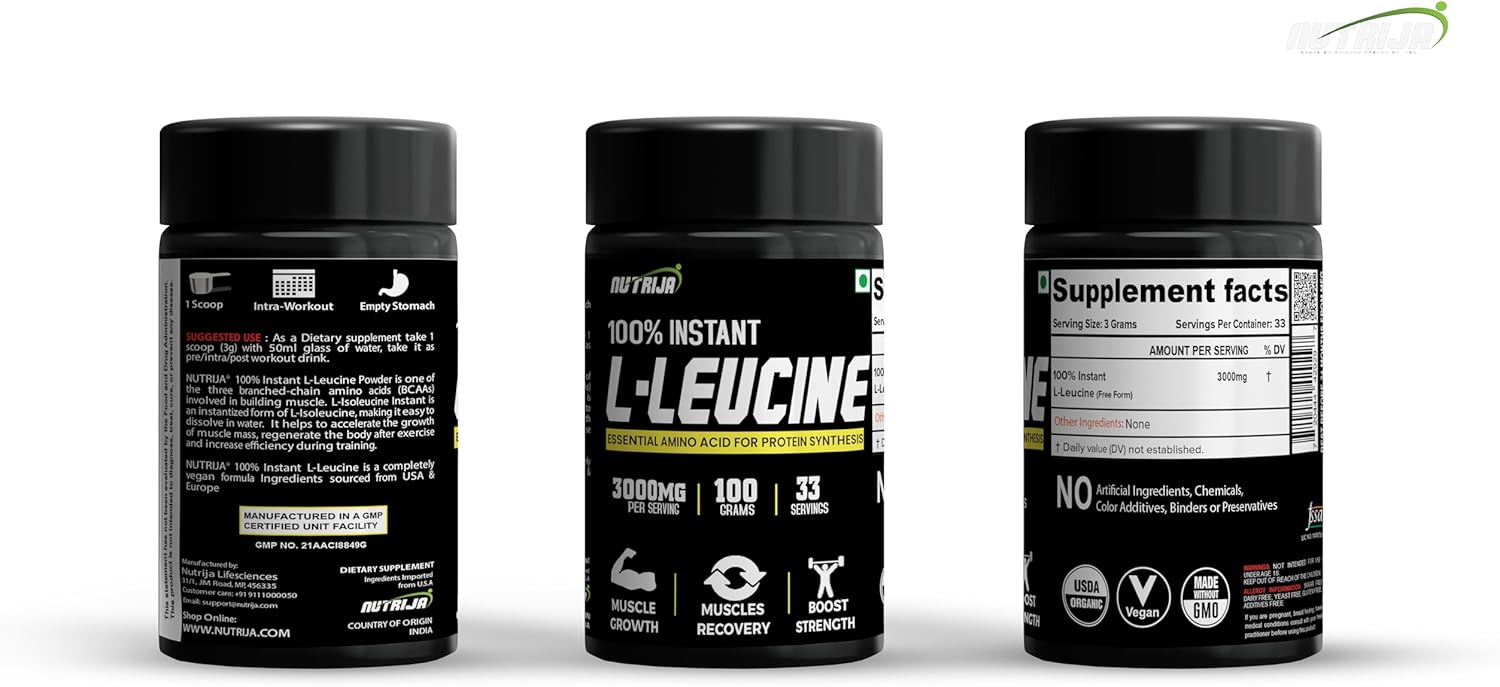 Pure USP Grade NutriJa Instant L-Leucine Powder for Muscle Growth & Recovery - Fast Dissolving Formula for Rapid Absorption & Enhanced Bioavailability
