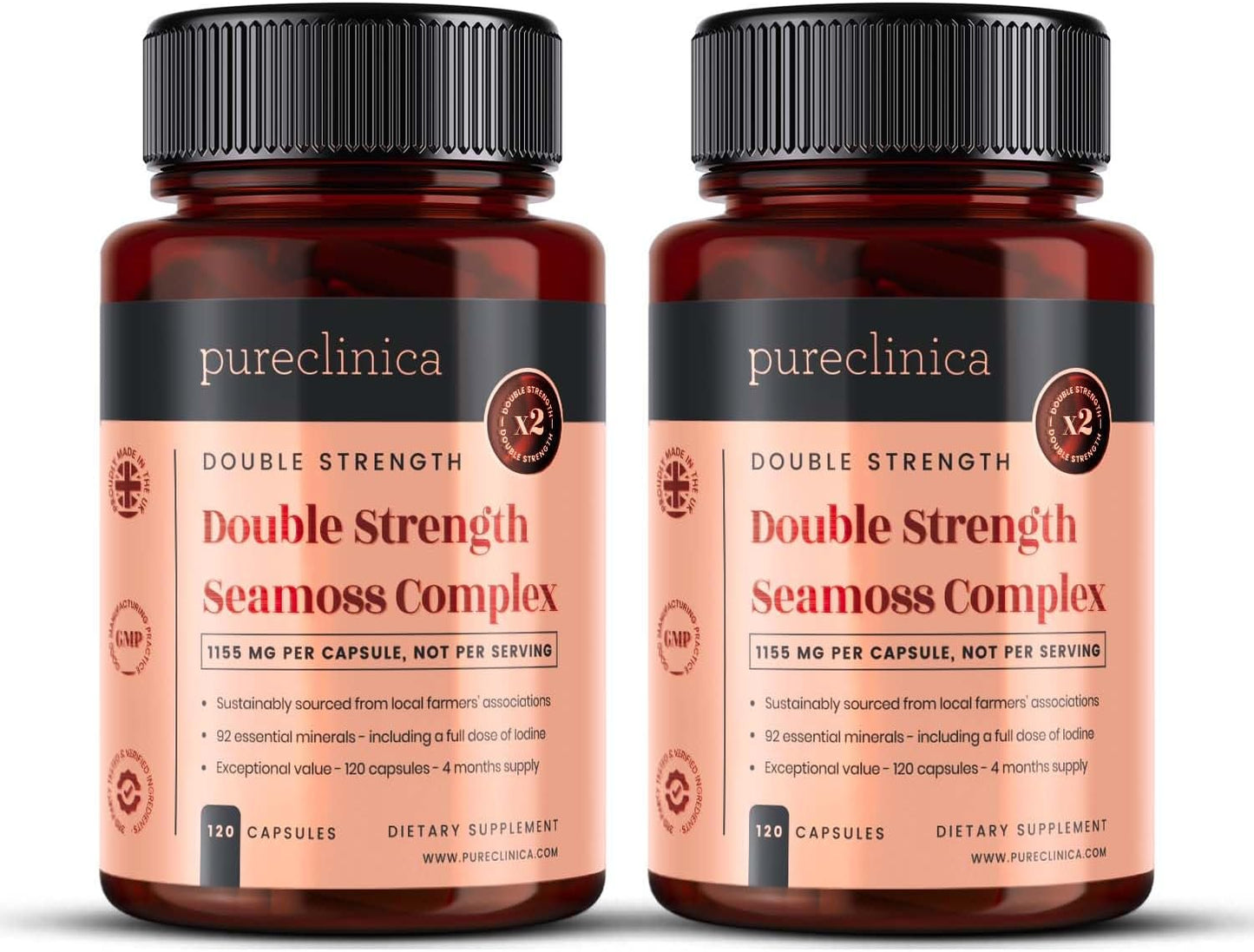 pureclinica Double Strength Seamoss Complex Capsules - 1155mg x 240 (2 Bottles of 120) - 8 Month Supply - Seamoss, Bladderwrack, Burdock Root