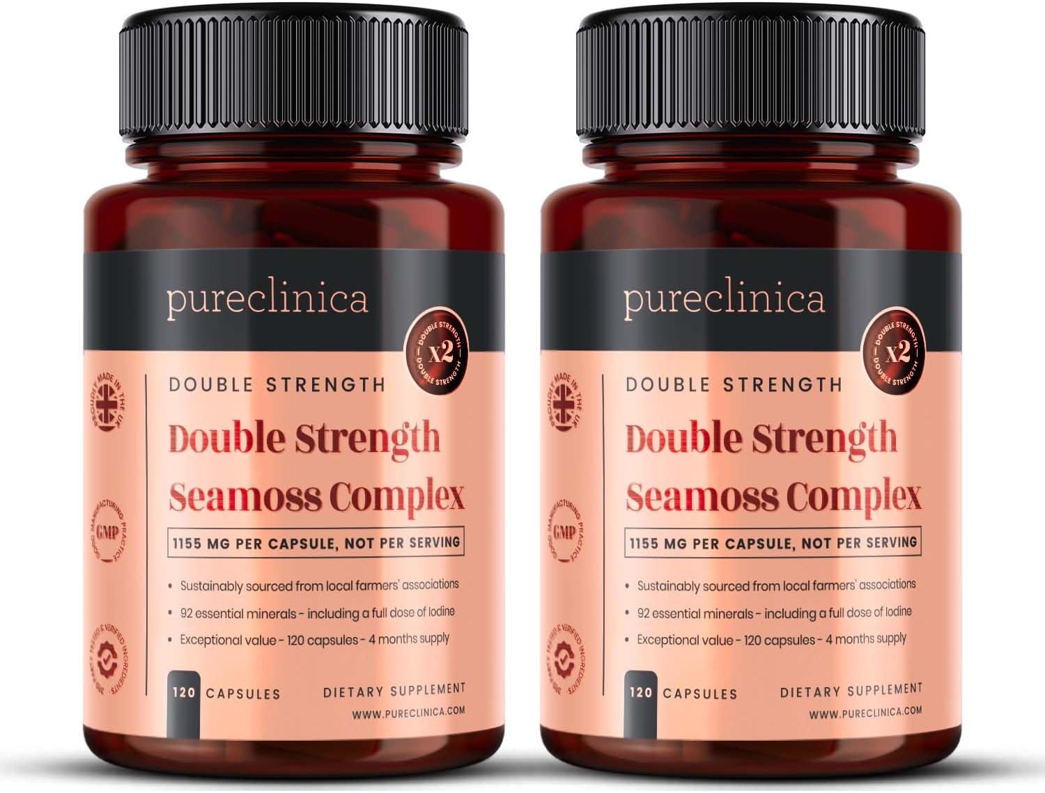 pureclinica Double Strength Seamoss Complex Capsules - 1155mg x 240 (2 Bottles of 120) - 8 Month Supply - Seamoss, Bladderwrack, Burdock Root
