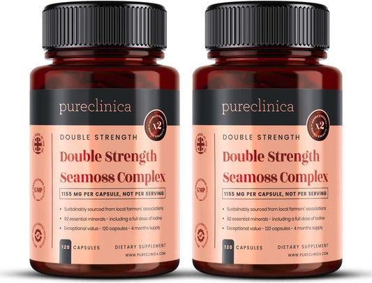 pureclinica Double Strength Seamoss Complex Capsules - 1155mg x 240 (2 Bottles of 120) - 8 Month Supply - Seamoss, Bladderwrack, Burdock Root
