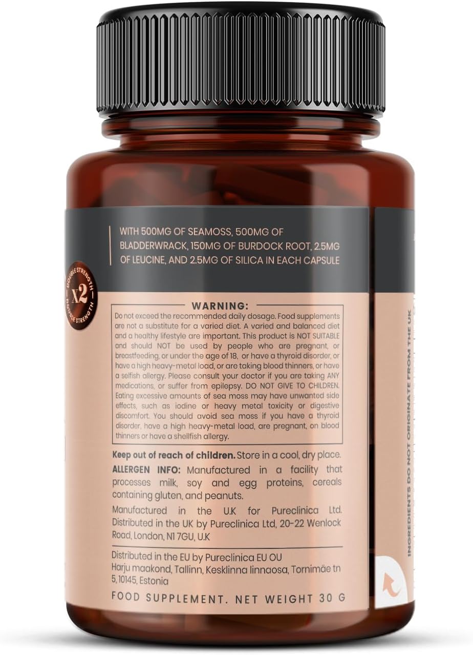 pureclinica Double Strength Seamoss Complex Capsules - 1155mg x 240 (2 Bottles of 120) - 8 Month Supply - Seamoss, Bladderwrack, Burdock Root