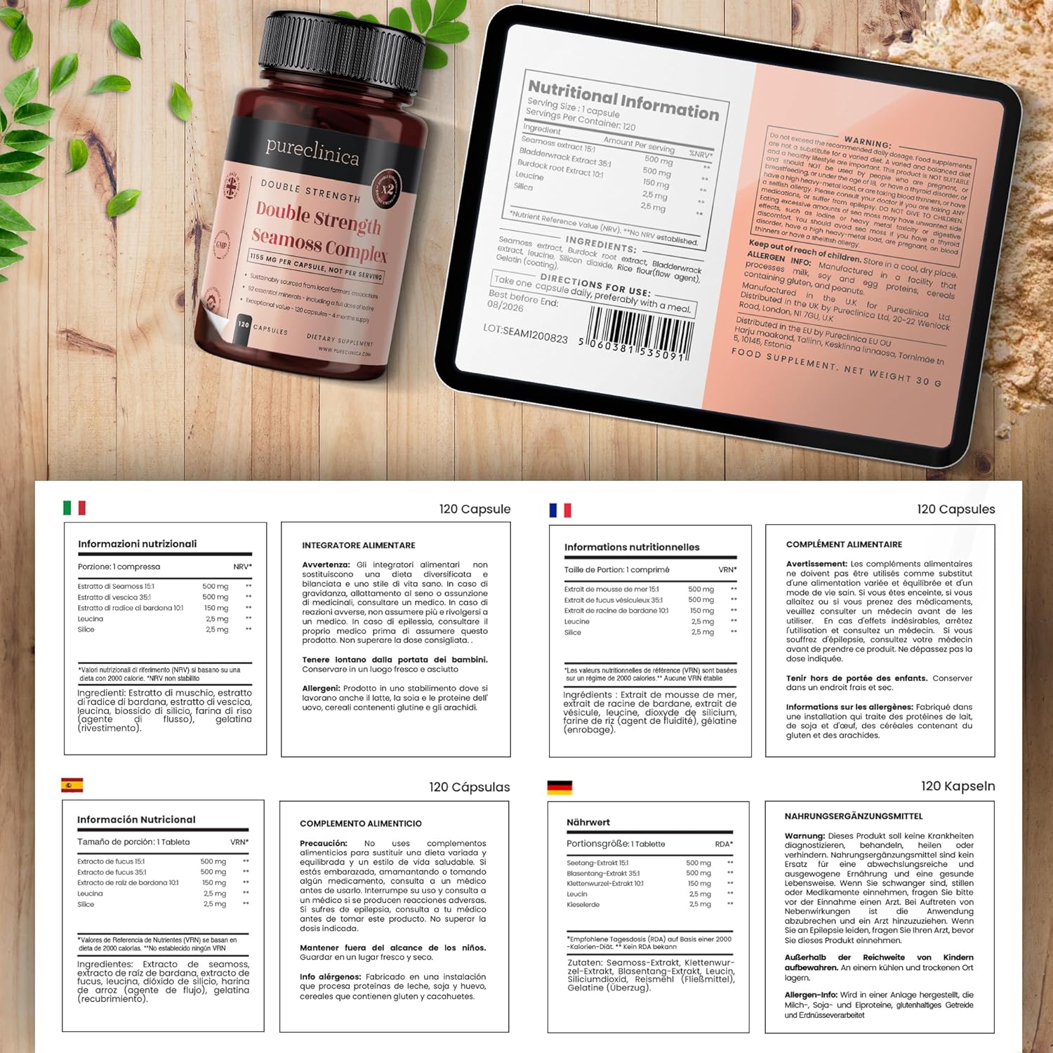 pureclinica Double Strength Seamoss Complex Capsules - 1155mg x 240 (2 Bottles of 120) - 8 Month Supply - Seamoss, Bladderwrack, Burdock Root