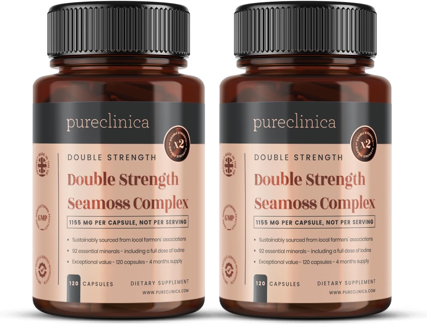 pureclinica Double Strength Seamoss Complex Capsules - 1155mg x 240 (2 Bottles of 120) - 8 Month Supply - Seamoss, Bladderwrack, Burdock Root
