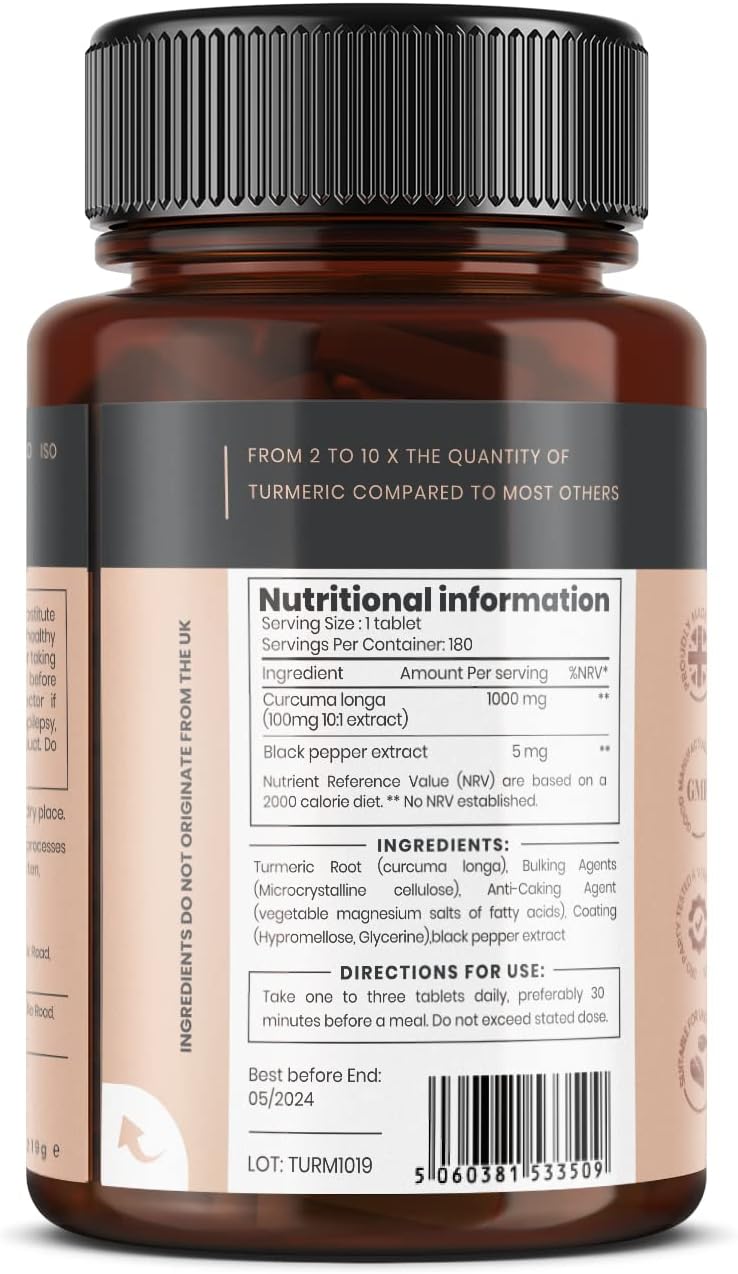 pureclinica Double Strength Turmeric Tablets - 1000mg x 180 Count - Enhanced with Curcumin and Black Pepper Extract for Higher Absorption