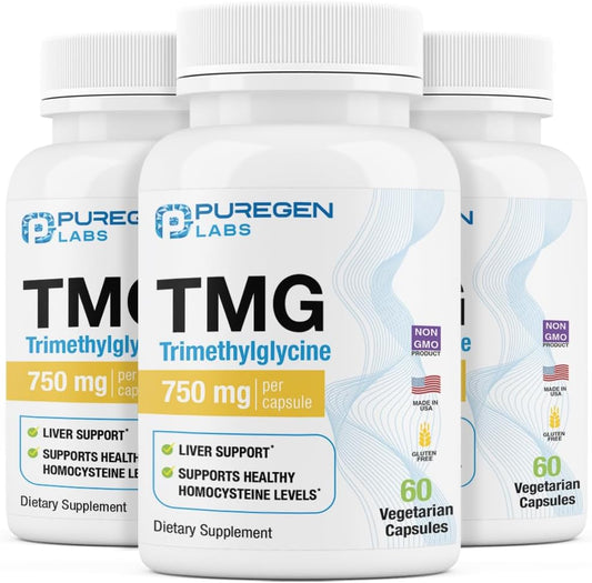 Puregen Labs TMG 750mg Supplement - Non-GMO, Gluten & Dairy Free - Made in USA - 3 Pack - 180 Vegetarian Capsules