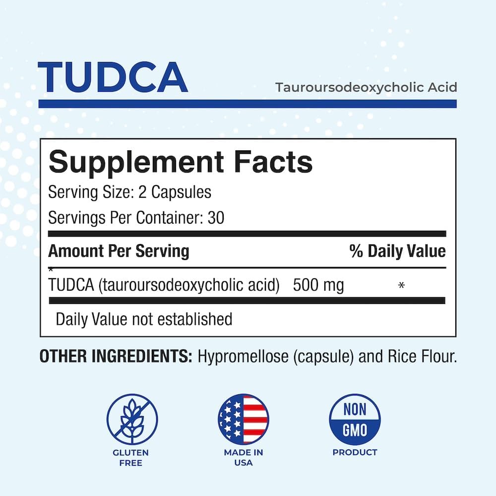 Puregen Labs TUDCA Liver Supplement - 500mg per Serving - Bile Salts with No Additives - Non-GMO & Gluten Free - Made in USA - 120 Capsules