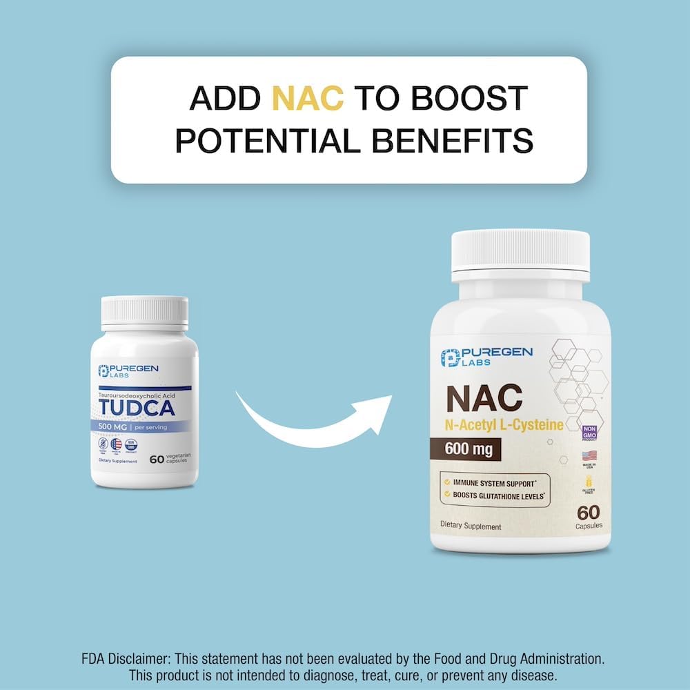 Puregen Labs TUDCA Liver Supplement - 500mg per Serving - Bile Salts with No Additives - Non-GMO & Gluten Free - Made in USA - 120 Capsules