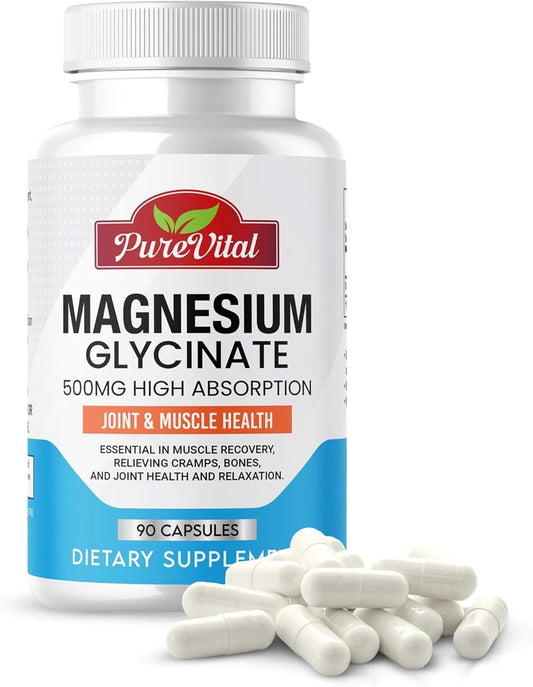 PureVital Magnesium Glycinate Supplement - 500mg Muscle & Joint Support - 90 Count Leg Cramps Relief