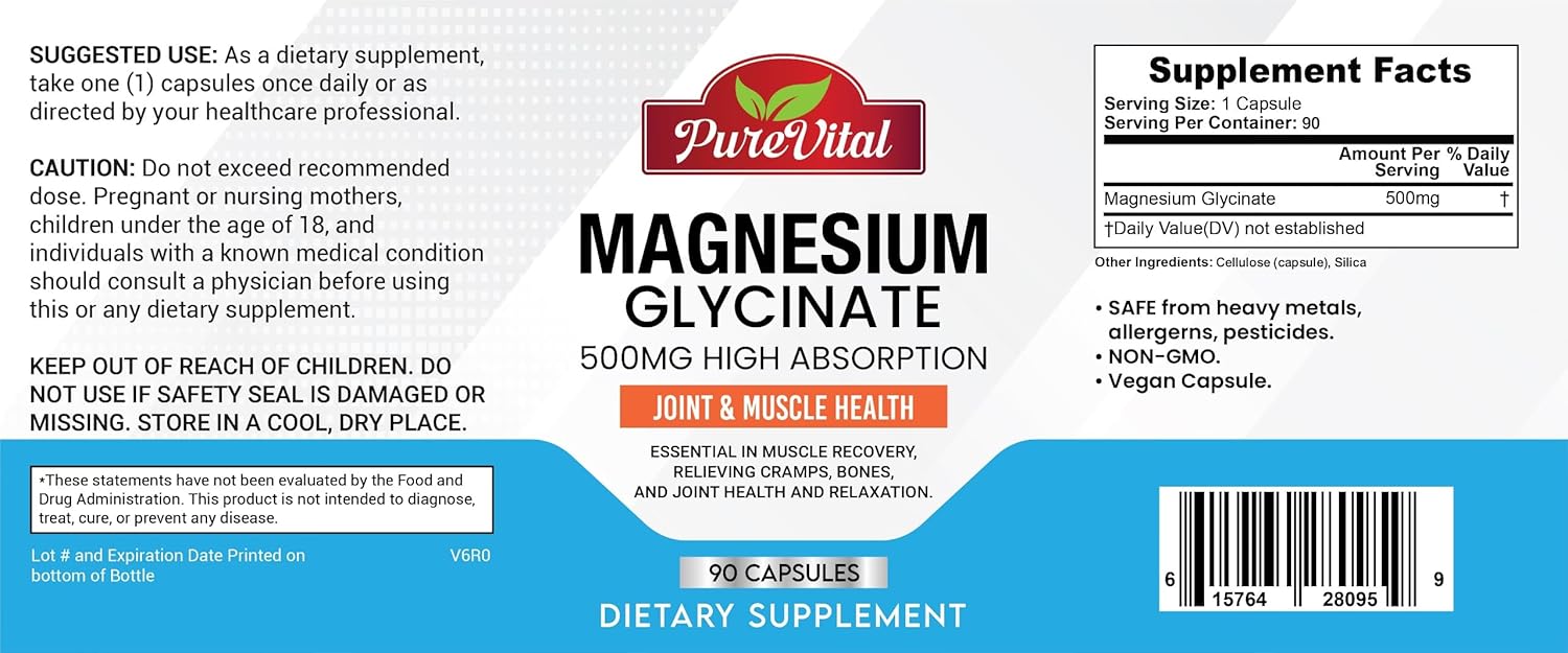 PureVital Magnesium Glycinate Supplement - 500mg Muscle & Joint Support - 90 Count Leg Cramps Relief