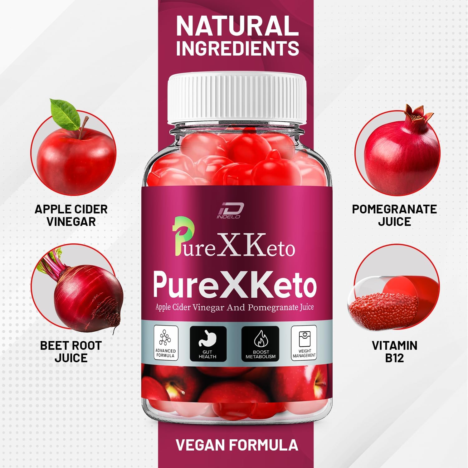 PureX Keto ACV Gummies with Pomegranate Juice for Weight Management - Indelo PureXKeto Dietary Supplement (1 Pack - 60 Gummies)