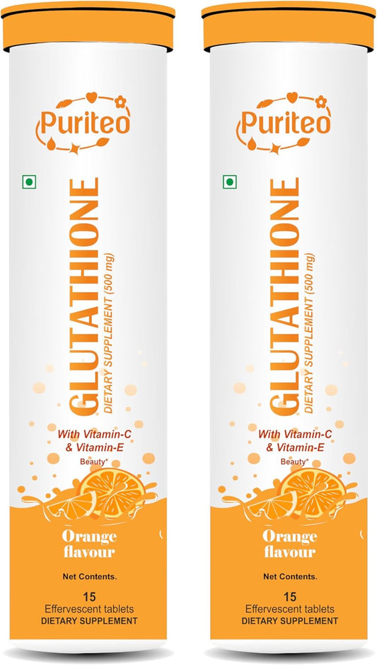PURITEO Glutathione Effervescent Tablets with Vitamin C & E, Orange Flavour, 30 Tablets for Skin Clarity & Hydration