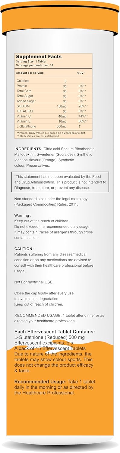 PURITEO Glutathione Effervescent Tablets with Vitamin C & E, Orange Flavour, 30 Tablets for Skin Clarity & Hydration