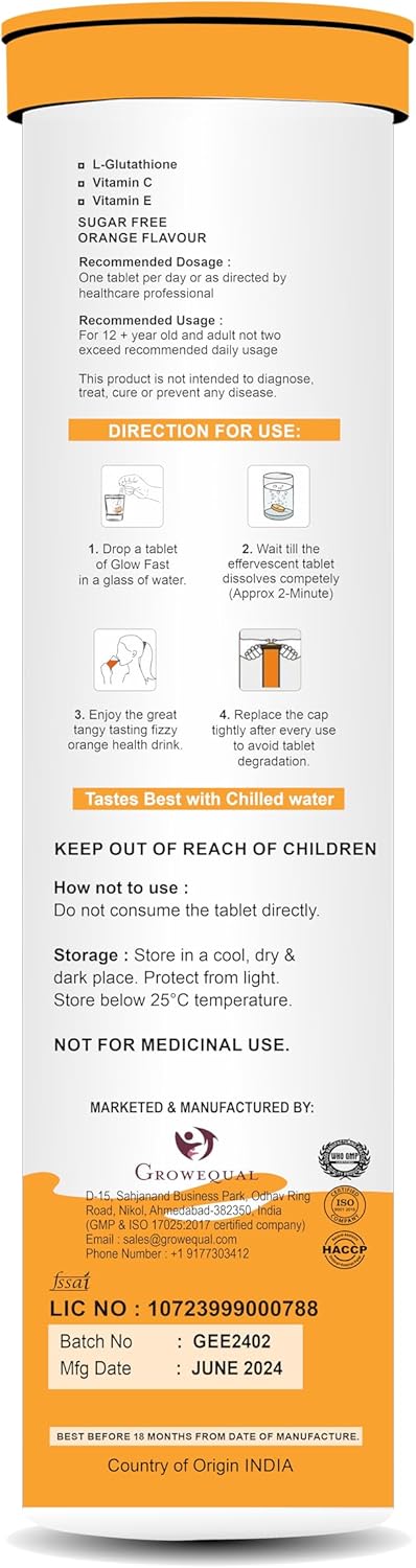 PURITEO Glutathione Effervescent Tablets with Vitamin C & E, Orange Flavour, 30 Tablets for Skin Clarity & Hydration