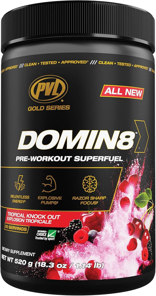 PVL Gold Series Domin8 Pre-Workout Superfuel - Tropical Knock Out Flavor - 520 g