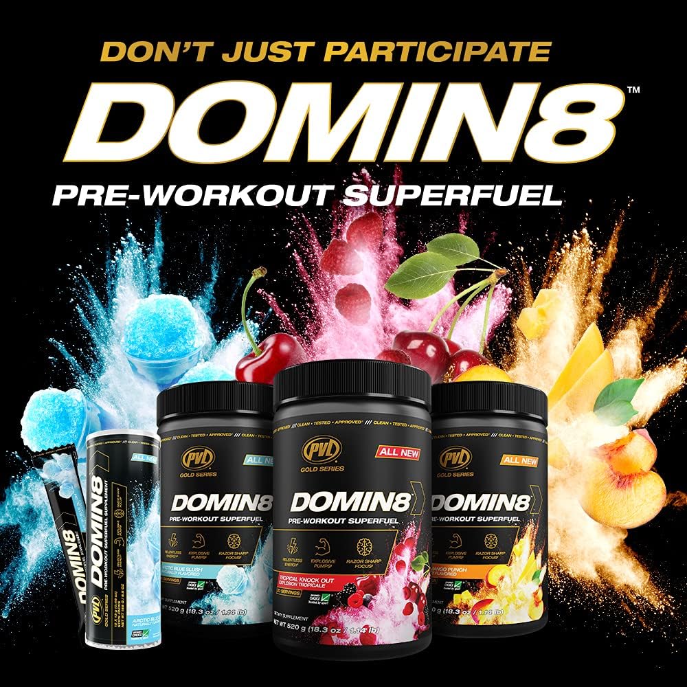 PVL Gold Series Domin8 Pre-Workout Superfuel - Tropical Knock Out Flavor - 520 g