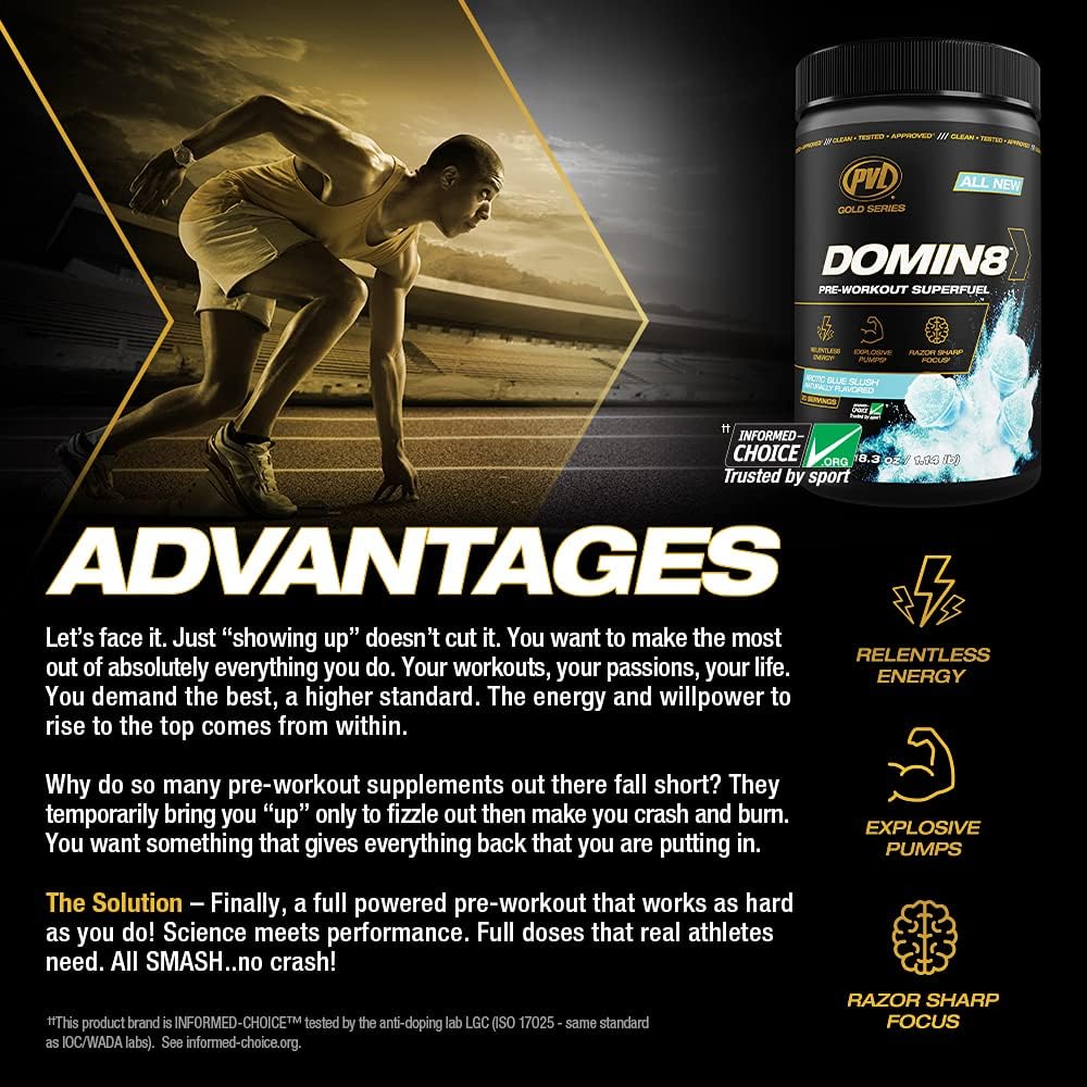 PVL Gold Series Domin8 Pre-Workout Superfuel - Tropical Knock Out Flavor - 520 g