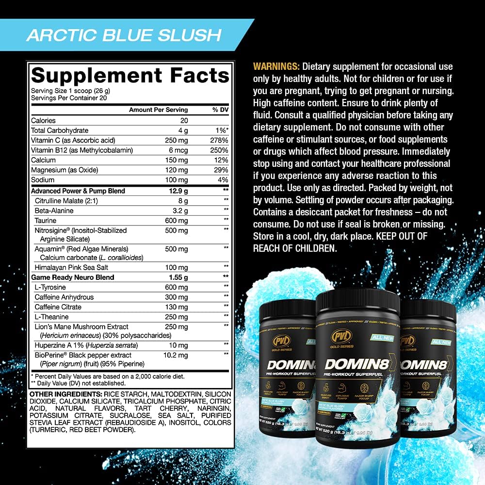 PVL Gold Series Domin8 Pre-Workout Superfuel - Tropical Knock Out Flavor - 520 g