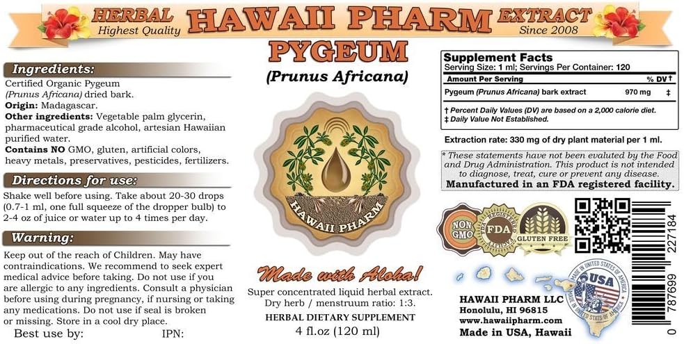 Pygeum Africanum Liquid Extract Tincture - Herbal Supplement by Hawaii Pharm (4x4 fl.oz) USA Made