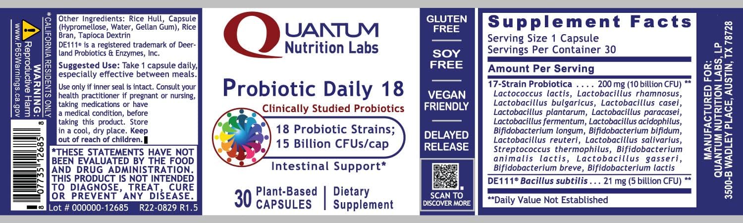 Quantum Nutrition Labs Probiotic Daily 18 - Digestive Health Probiotics with Lactobacillus Acidophilus and Reuteri - 30 Capsules