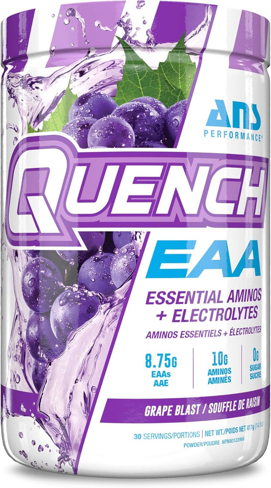 Quench EAA Aminos + Electrolytes - Complete 9 EAA Blend - 10g Amino Acids - Vitamins, Antioxidants, Electrolytes - Zero Sugar, Carbs, Calories - Grape Blast