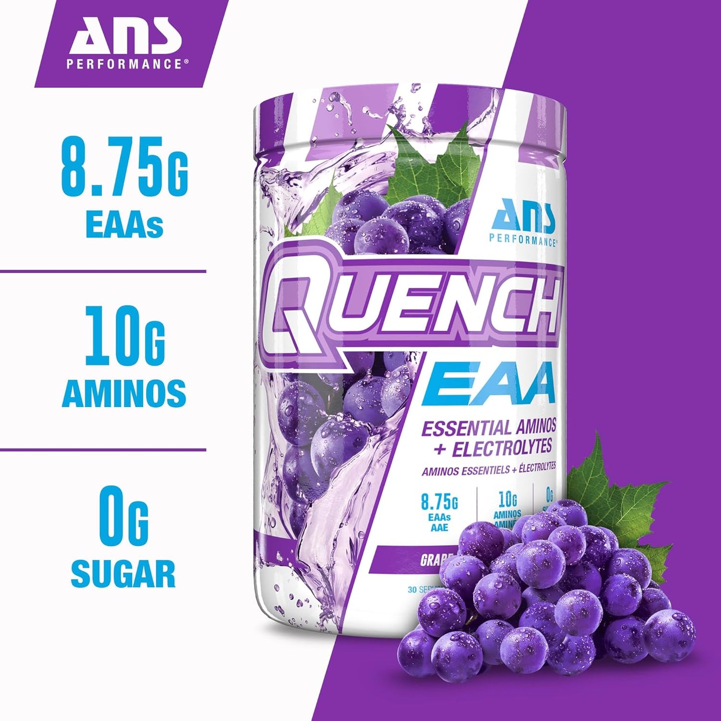 Quench EAA Aminos + Electrolytes - Complete 9 EAA Blend - 10g Amino Acids - Vitamins, Antioxidants, Electrolytes - Zero Sugar, Carbs, Calories - Grape Blast