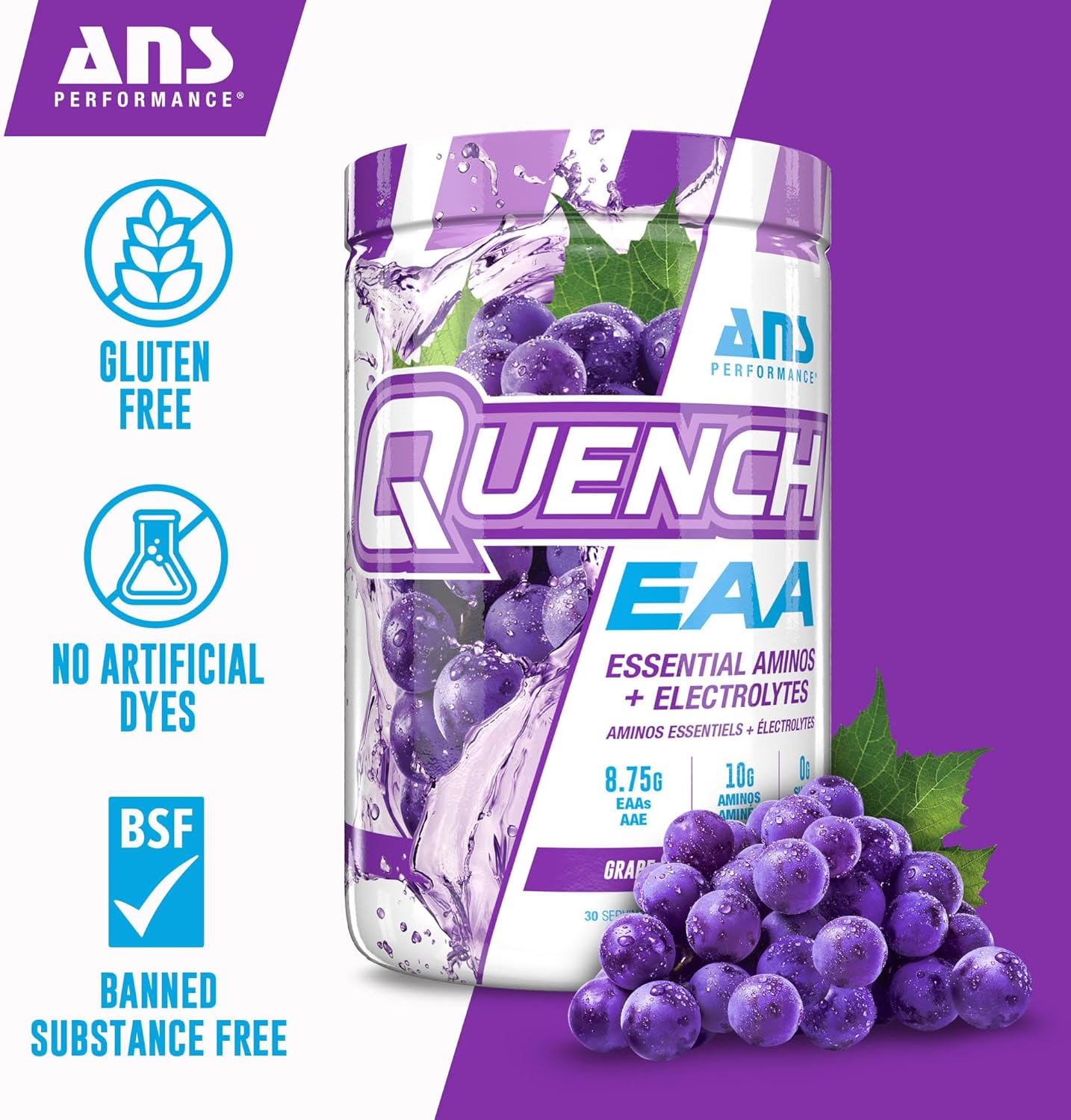 Quench EAA Aminos + Electrolytes - Complete 9 EAA Blend - 10g Amino Acids - Vitamins, Antioxidants, Electrolytes - Zero Sugar, Carbs, Calories - Grape Blast