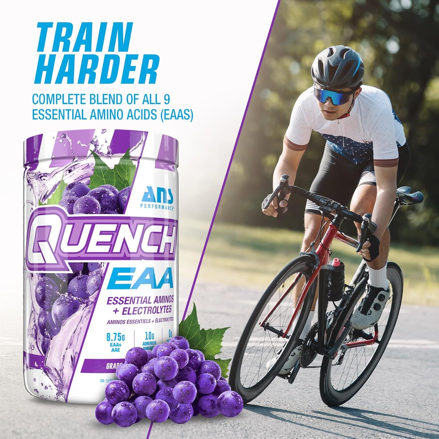 Quench EAA Aminos + Electrolytes - Complete 9 EAA Blend - 10g Amino Acids - Vitamins, Antioxidants, Electrolytes - Zero Sugar, Carbs, Calories - Grape Blast