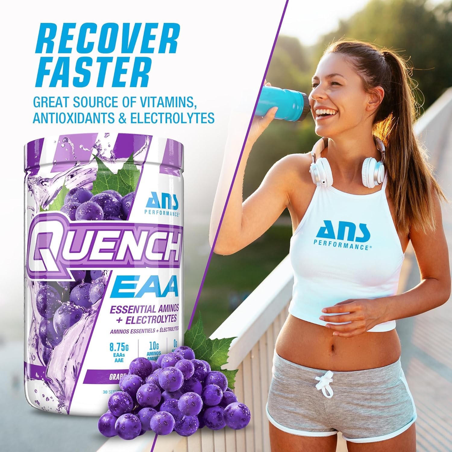 Quench EAA Aminos + Electrolytes - Complete 9 EAA Blend - 10g Amino Acids - Vitamins, Antioxidants, Electrolytes - Zero Sugar, Carbs, Calories - Grape Blast