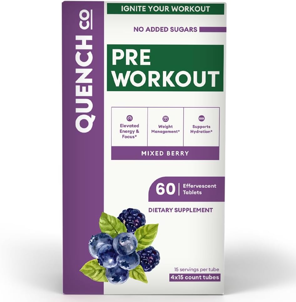 Quench Effervescent Pre Workout Tablets for Men & Women - Energy Boost with L-Arginine & Natural Caffeine - Weight Management Support - Vegan, Keto-Friendly - 60 Count