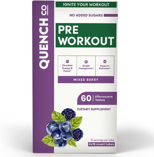 Quench Effervescent Pre Workout Tablets for Men & Women - Energy Boost with L-Arginine & Natural Caffeine - Weight Management Support - Vegan, Keto-Friendly - 60 Count
