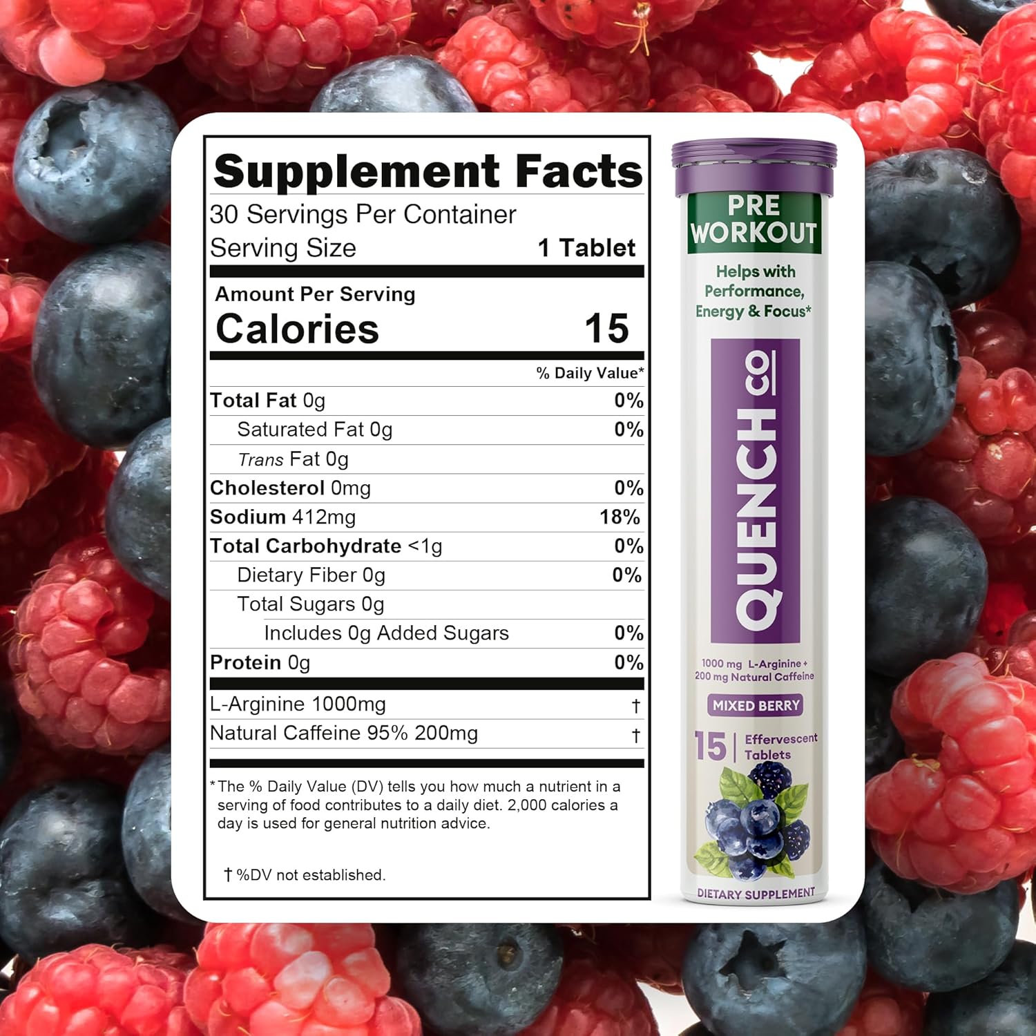 Quench Effervescent Pre Workout Tablets for Men & Women - Energy Boost with L-Arginine & Natural Caffeine - Weight Management Support - Vegan, Keto-Friendly - 60 Count