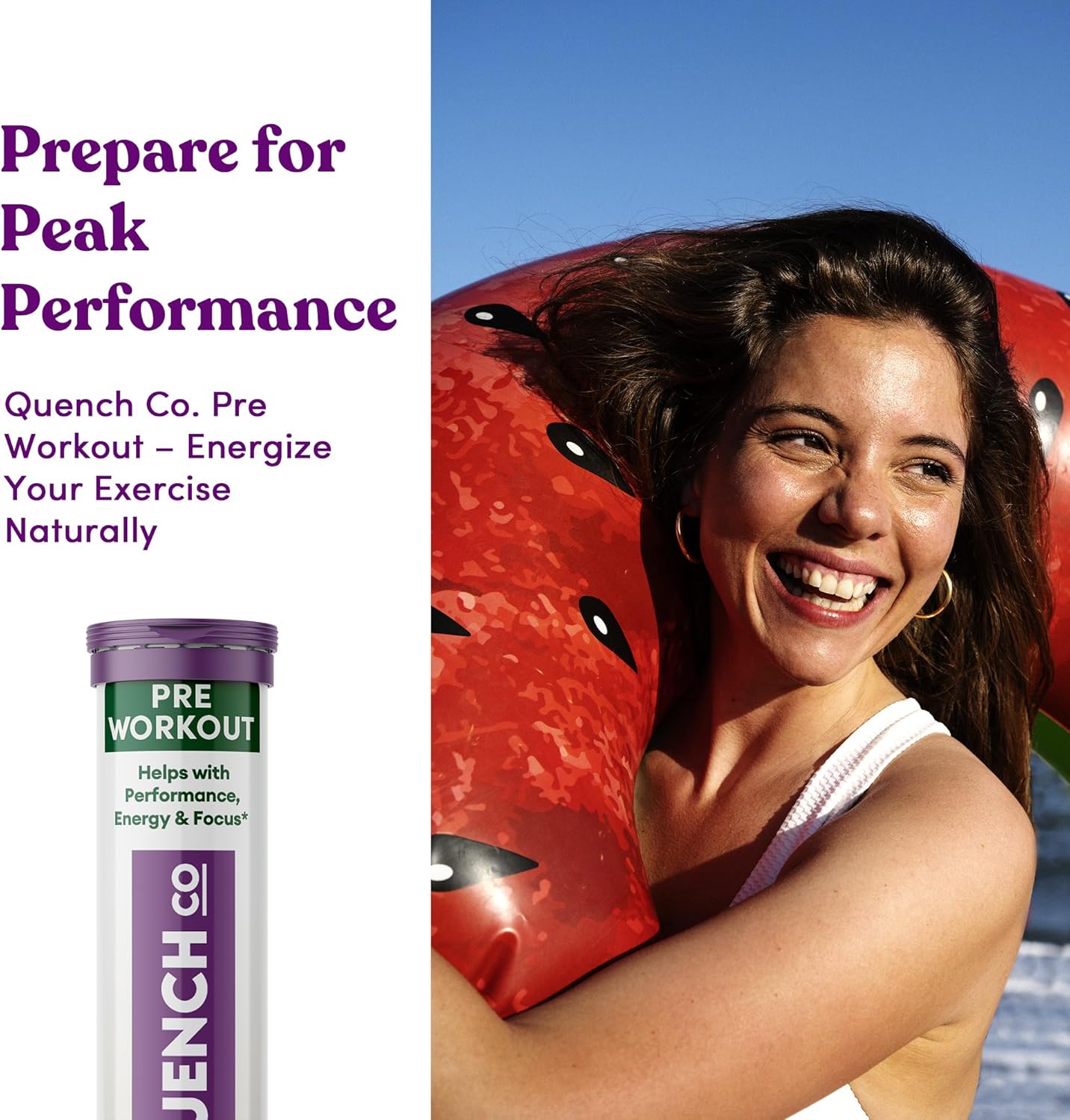 Quench Effervescent Pre Workout Tablets for Men & Women - Energy Boost with L-Arginine & Natural Caffeine - Weight Management Support - Vegan, Keto-Friendly - 60 Count
