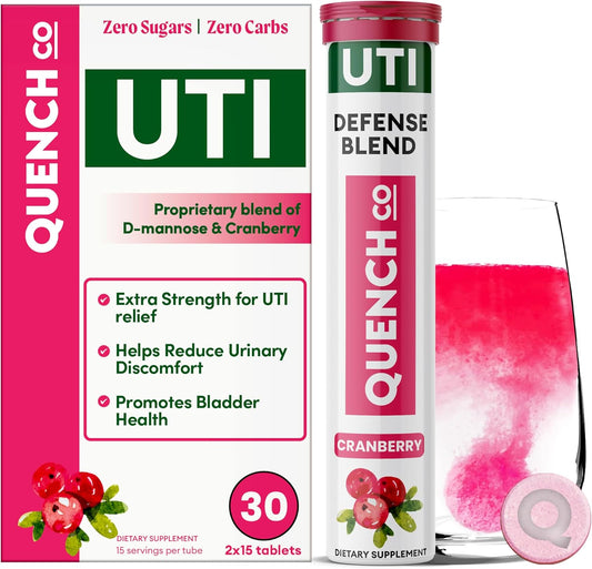 Quench UTI Relief Effervescent Tablets - Fast-Acting Urinary Tract Support - Natural Cranberry Flavor - Sugar-Free - 30 Tablets