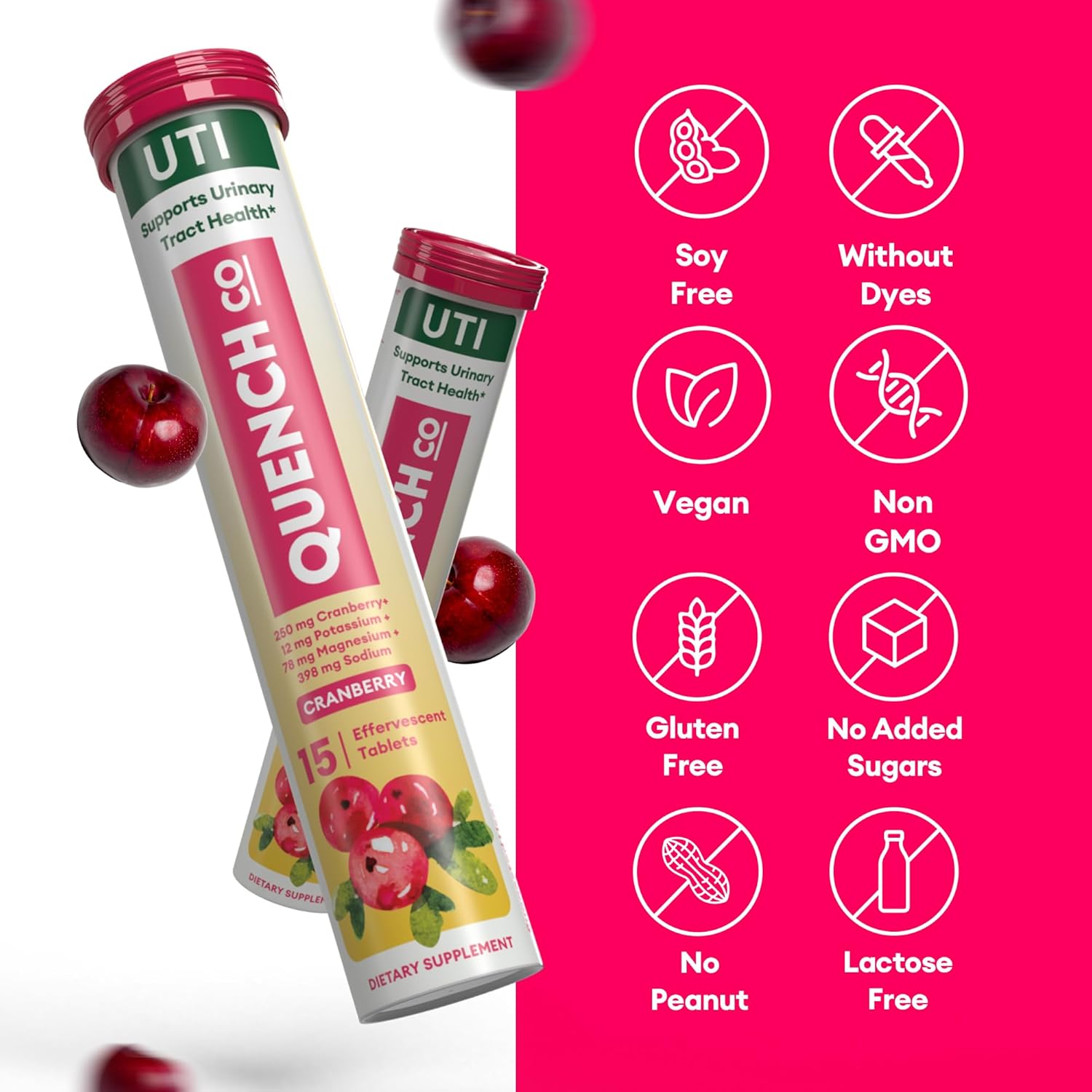 Quench UTI Relief Effervescent Tablets - Fast-Acting Urinary Tract Support - Natural Cranberry Flavor - Sugar-Free - 30 Tablets
