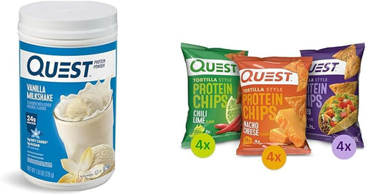 Quest Nutrition Bundle: Vanilla Milkshake Protein Powder (24g Protein, 1.6lb) + Tortilla Chips Variety Pack (12ct)