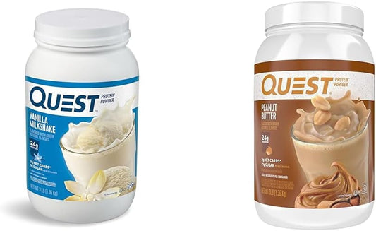 Quest Nutrition Protein Powder Bundle - Vanilla Milkshake & Peanut Butter, 24g Protein, Low Carb, Gluten Free, 3lb, 43 Servings, 1g Sugar