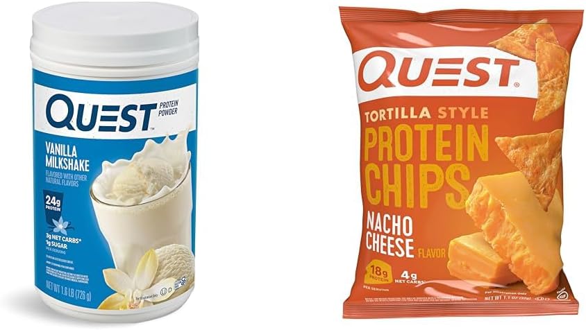 Quest Nutrition Vanilla Milkshake Protein Powder + Nacho Cheese Tortilla Style Protein Chips Bundle - 24g Protein Powder, 18g Protein Chips, Pack of 12