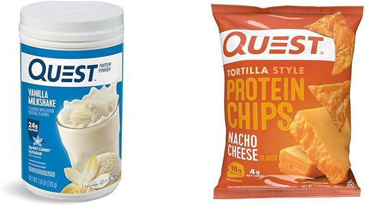 Quest Nutrition Vanilla Milkshake Protein Powder + Nacho Cheese Tortilla Style Protein Chips Bundle - 24g Protein Powder, 18g Protein Chips, Pack of 12