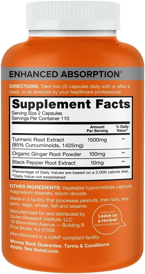 Qunol Turmeric 1,500mg Capsules - 220 Count, High Absorption Turmeric Supplement