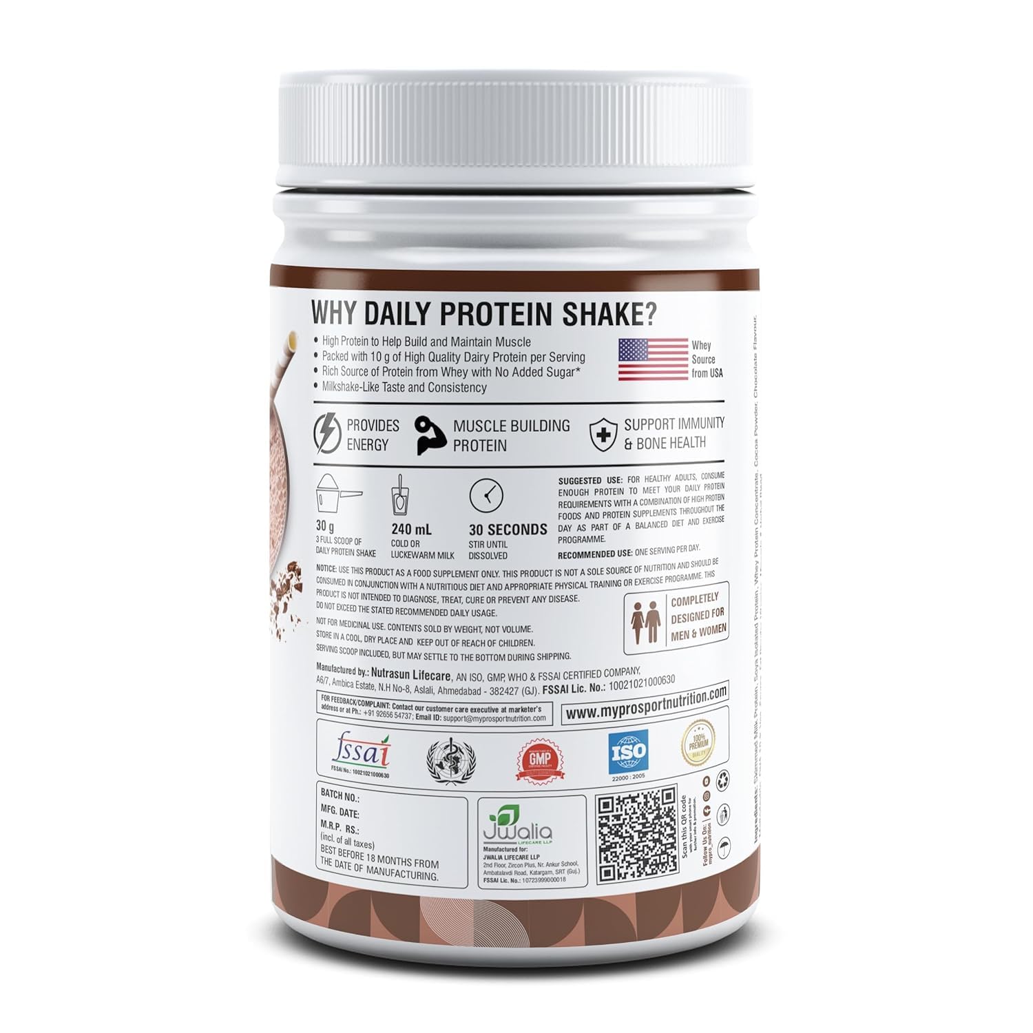 QURA Daily Protein Shake - 118 kcal Chocolate Milkshake Flavor - 25 Vitamins - 400g Serving Size for Men & Women