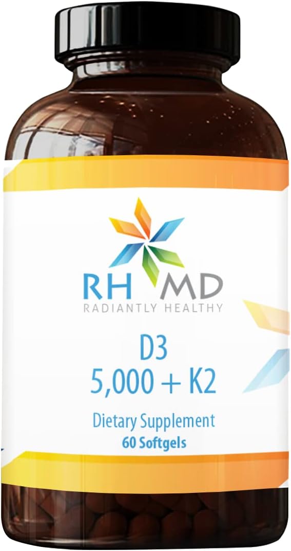 Radiantly Healthy RHMD D3 5,000 + K2 Supplement for Optimal Health (60 Softgels)