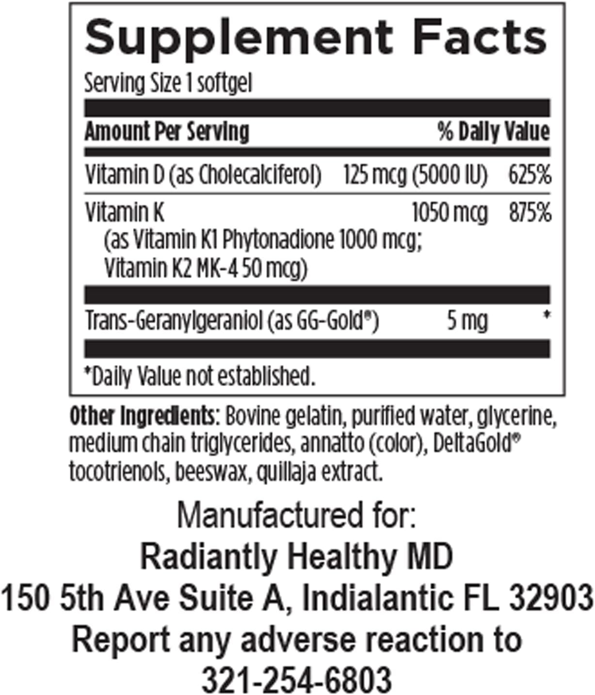Radiantly Healthy RHMD D3 5,000 + K2 Supplement for Optimal Health (60 Softgels)