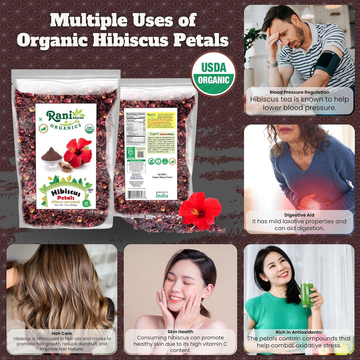 Rani Organic Hibiscus Powder 7oz (200g) - Authentic Indian Product, All Natural, Gluten Friendly, Vegan, Non-GMO, Kosher, USDA Organic Certified