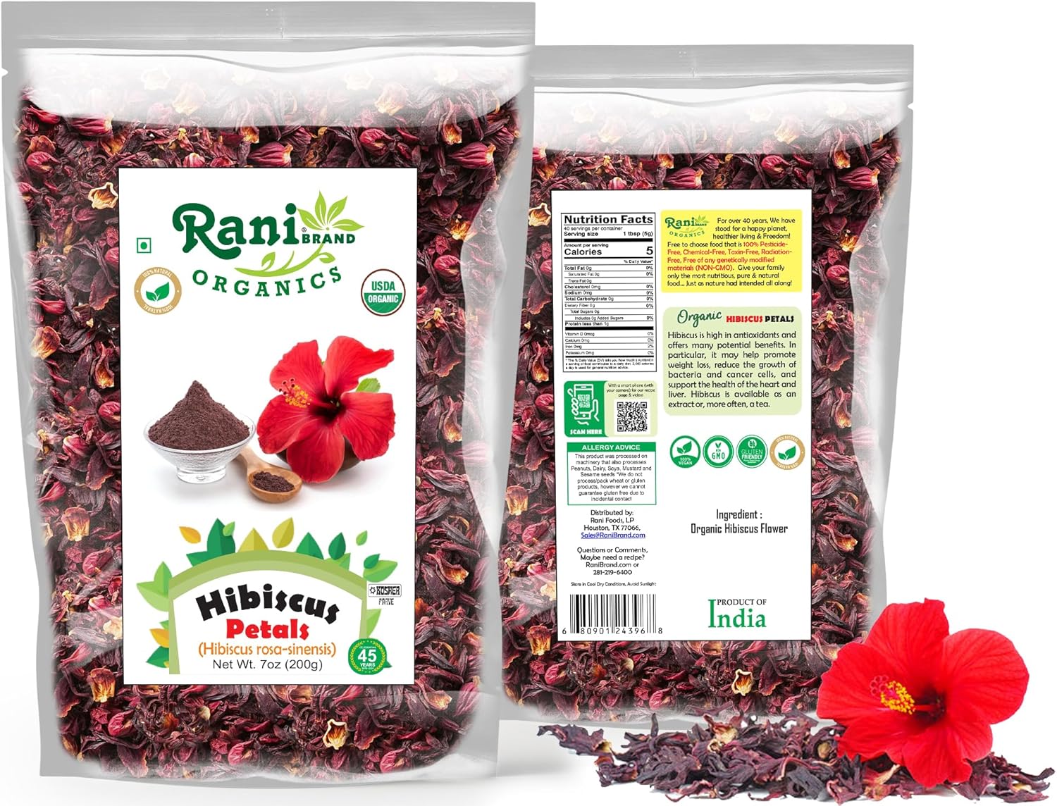 Rani Organic Hibiscus Powder 7oz (200g) - Authentic Indian Product, All Natural, Gluten Friendly, Vegan, Non-GMO, Kosher, USDA Organic Certified