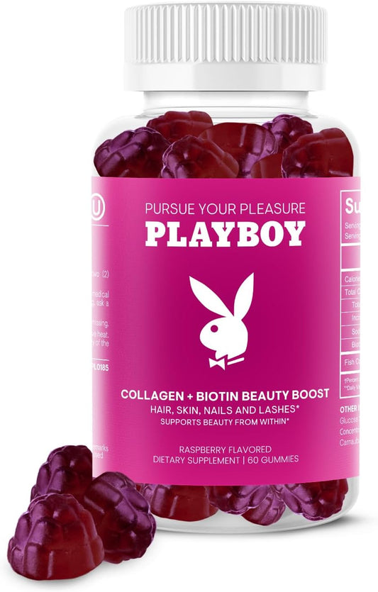 Raspberry Flavored Collagen & Biotin Gummies for Hair, Skin, Nails - Beauty Boost Supplement for Women & Men - Non-GMO, Gluten Free - 60 Gummies