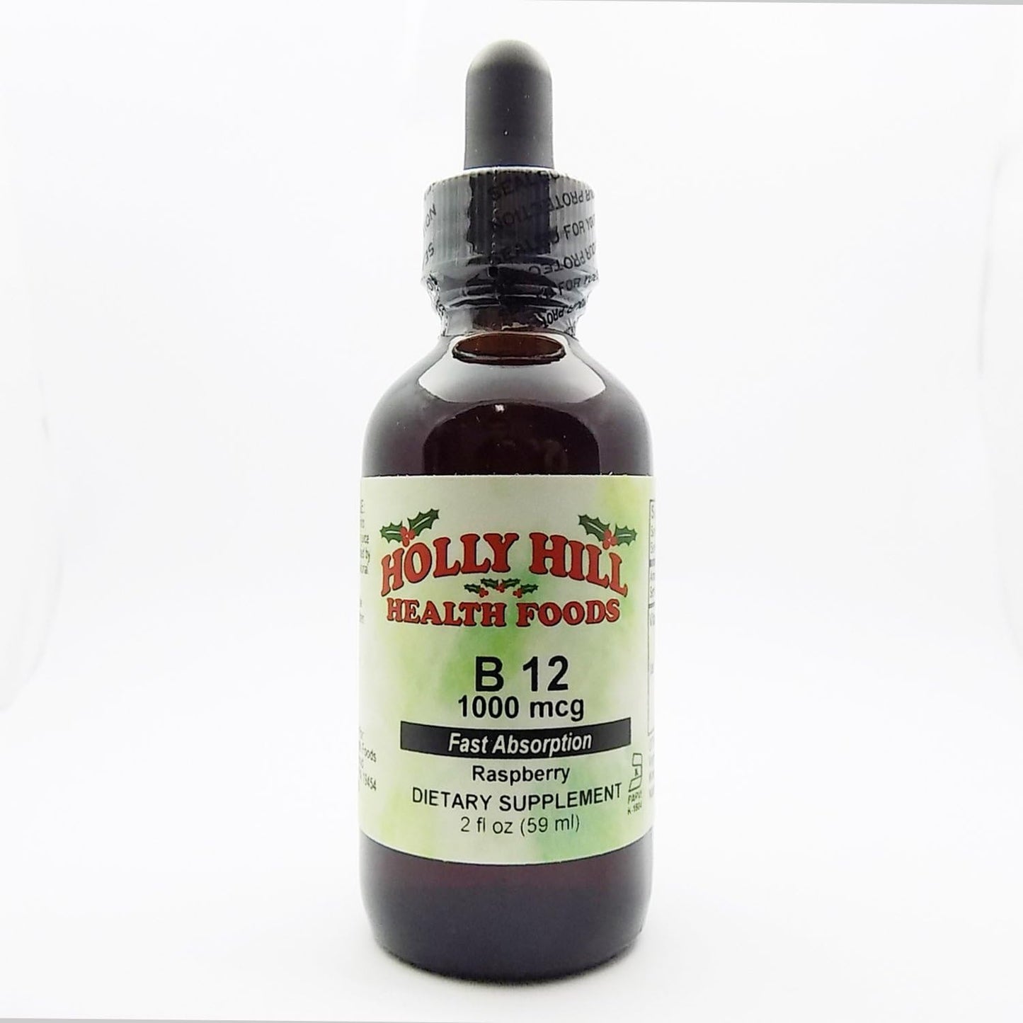 Raspberry Flavored Holly Hill Health Foods B-12 1000 MCG Liquid Supplement for Fast Absorption - 2 Ounce